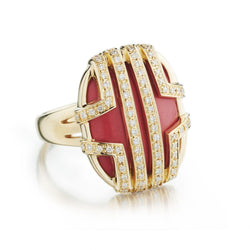Coral And Diamond Yellow Gold Chunky Ring