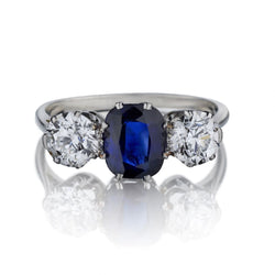 Art Deco Blue Sapphire & Old-European Cut Diamond Trilogy Plat Ring