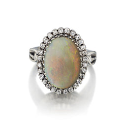 Ladies 18kt White Gold Opal and Diamond Ring. Circa 1950's.