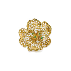 Yellow Gold Green Emerald And Diamond Flower Brooch/Pendant