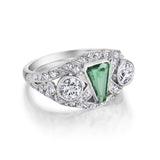 Art Deco Green Emerald & Old-Cut Diamond Plat Ring