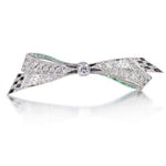 Art-Deco Platinum Diamond, Onyx And Emerald Ribbon Bow Brooch
