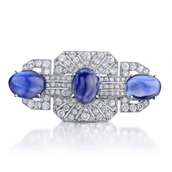 Art Deco 30.30CTW Natural Cabachon Sapphire & Diamond Brooch