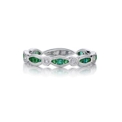 Green Emerald And Diamond 18KT White Gold Band