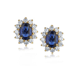 Ladies 18kt Yellow Gold Blue Sapphire  and Diamond Cluster Stud Earings.