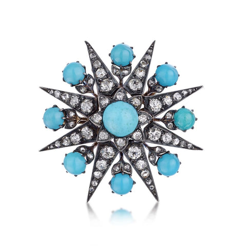 Victorian Turquoise, Old-Rose Cut And Old-Mine Cut Diamond Starburst Brooch/Pendant