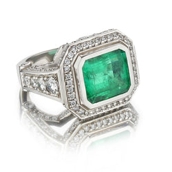 6.20 Carat Green Emerald And Diamond White Gold Ring