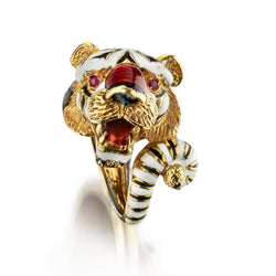 Enamel And Ruby Yellow Gold Tiger 18KT Yellow Gold Ring