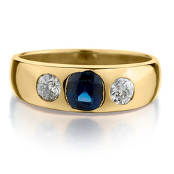 Unisex 14KT Yellow Gold Sapphire And Diamond Three Stone Ring