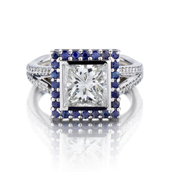 1.73 Carat Princess Cut Diamond And Sapphire Halo WG Ring