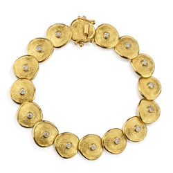 Yellow Gold Round Textured Pad Link And Bezel-Set Diamond Bracelet