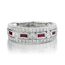 18KT White Gold Alternating Ruby And Diamond Wide Band