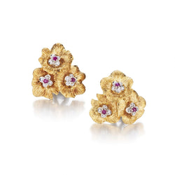 18KT Yellow Gold Ruby And Diamond Flower Trio Clip-On Earrings