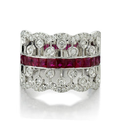 14KT White Gold Ruby And Diamond Wide Open-Work Ring