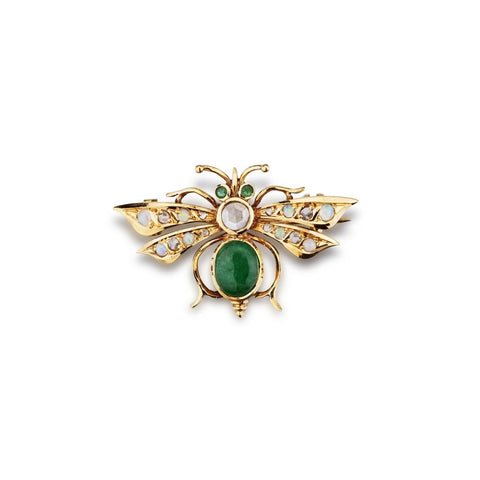 Vintage Rose Gold Emerald, Opal & Old-Rose Cut Diamond Butterfly Brooch