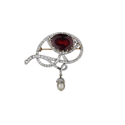 Platinum And Gold Garnet, Pearl And Old-Mine Cut Diamond Brooch
