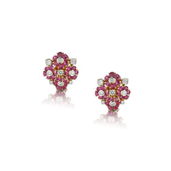18KT Yellow Gold Ruby And Diamond Cluster Stud Earrings