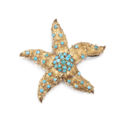 Mid-Century 14KT Yellow Gold And Turquoise Starfish Brooch
