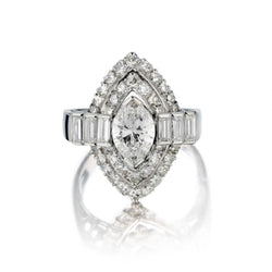 Mid-Century Marquise-Shaped Cluster Diamond White Gold Navette Ring