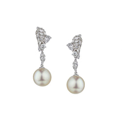 Mid-Century Diamond And Pearl 14KT White Gold Drop Earrings