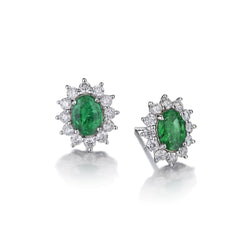 Green Emerald And Diamond Cluster WG Stud Earrings