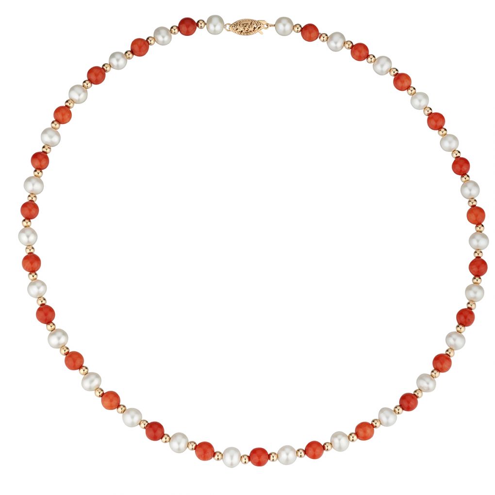 14KT Yellow Gold Coral Bead And 6MM Cultured Pearl Necklace – Van Rijk