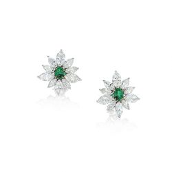 Green Emerald And Marquise Cut Diamond White Gold Clipback Earrings