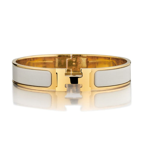Hermes White Enamel and Yellow Gold Plated Clic H Bangle
