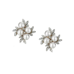 7MM Cultured Pearl And Diamond Floral 14KT White Gold Earrings