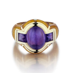 Unique Cabochon Amethyst And Yellow Enamel Yellow Gold Ring