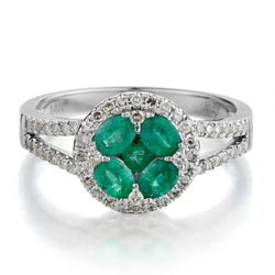 Green Emerald And Diamond 14KT White Gold Cluster Ring