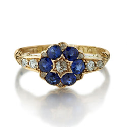 14KT Yellow Gold Sapphire And Diamond English Flower Ring