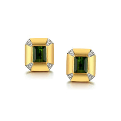 14KT Yellow Gold Green Tourmaline And Diamond Stud Earrings