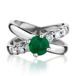 1.01 Carat Green Emerald And Diamond White Gold Cross Over Ring