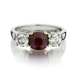 Ruby And Round Brilliant Cut Diamond White Gold Three-Stone Ring