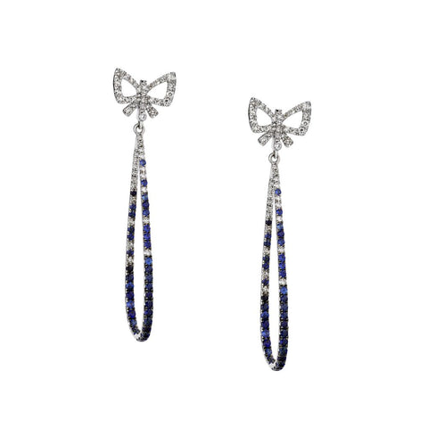 14KT White Gold Diamond And Blue Sapphire Butterfly Drop Pendant Earrings