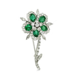 Green Emerald And Mixed Cut Diamond Flower Brooch