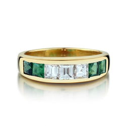 18KT Yellow Gold Green Emerald And Square Cut Diamond Wedding Band