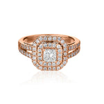 14KT Rose And White Gold Princess Cut Diamond Double Halo Ring