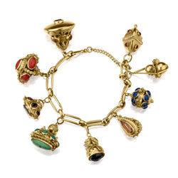 Vintage 18KT Rose Gold 9 Charm Colored Gemstone Bracelet