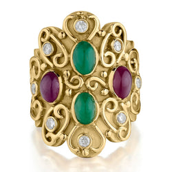 18KT Yellow Gold Ornate Cabochon Ruby, Green Emerald And Diamond Ring