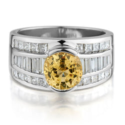 18KT White Gold Yellow Sapphire, Baguette Cut And Brilliant Cut Diamond Ring