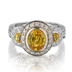 14KT White Gold Yellow Sapphire And Diamond Halo-Set Three Stone Ring