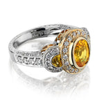 14KT White Gold Yellow Sapphire And Diamond Halo-Set Three Stone Ring