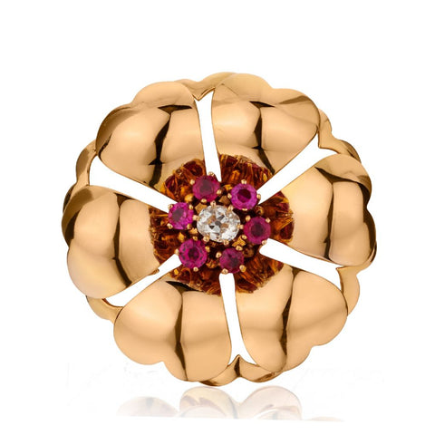 RETRO FRENCH DIAMOND RUBY BROOCH in 19KT ROSE GOLD