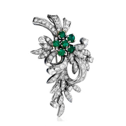 Diamond and Green Emerald Floral brooch in 14kt White Gold