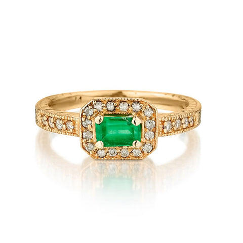 Ladies 14kt Yellow Gold Green Emerald and Diamond Ring