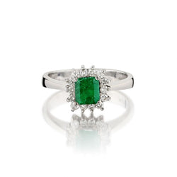 Ladies 18kt White Gold Green Emerald and Diamond Cluster Ring