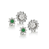 14kt White Gold Green Emerald and Diamond Cluster Earrings with Diamond Jacket.  2 in 1