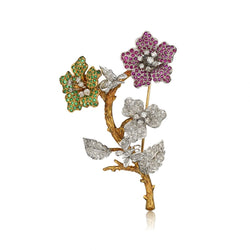 Ladies 14kt White Gold  Floral Ruby, Diamond and Green Emerald Brooch.